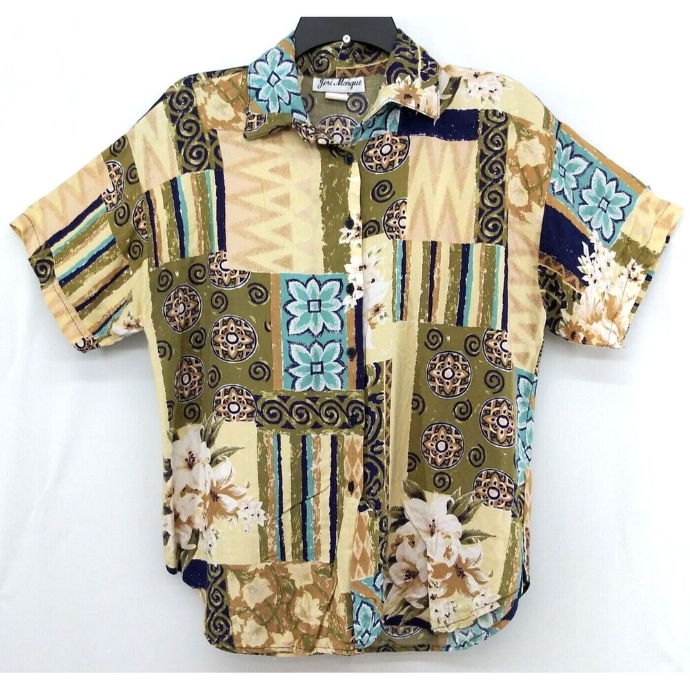Jeri Marque Shirt Womens Medium Tan Short Sleeve Button Up Blouse